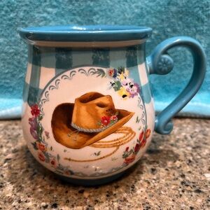 Pioneer Woman Mug Cup Blue Gingham With Cowboy Hat & Lasso